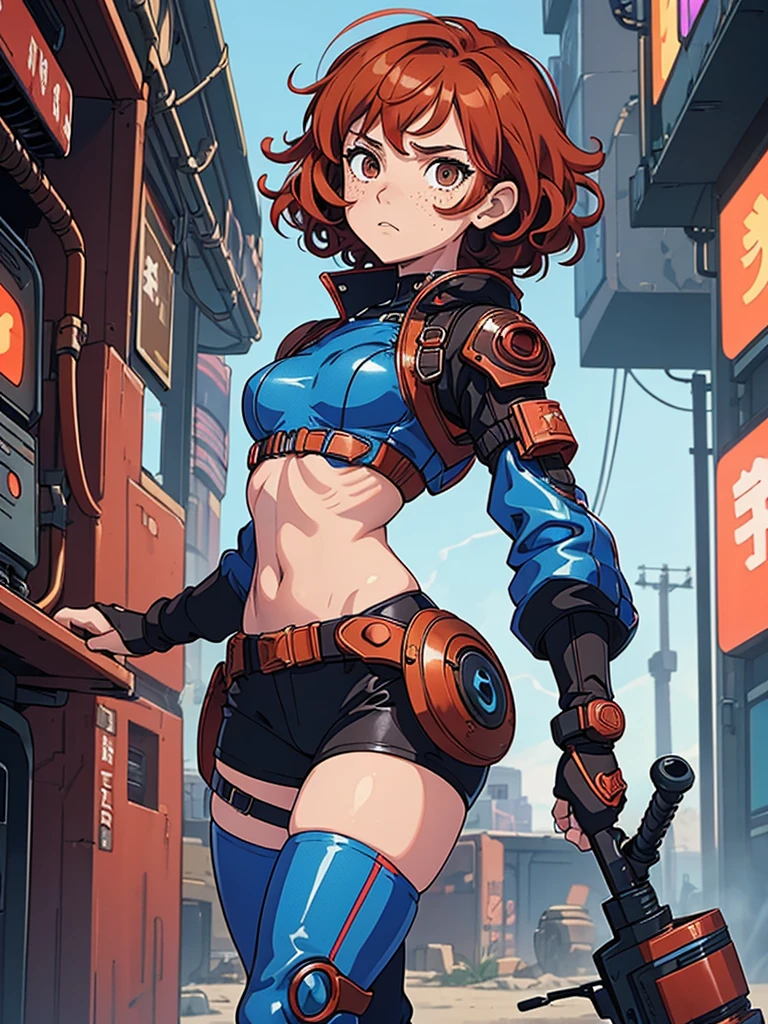 (masterpiece), (best quality),(1 girl),adult, red copper hair,(brown eyes),curly hair,(short curly hair), anime style, freckles, (small breasts),(petite figure), (blue outfit),(cyberpunk clothes)),(battle outfit),(badass outfit),legs, desert background