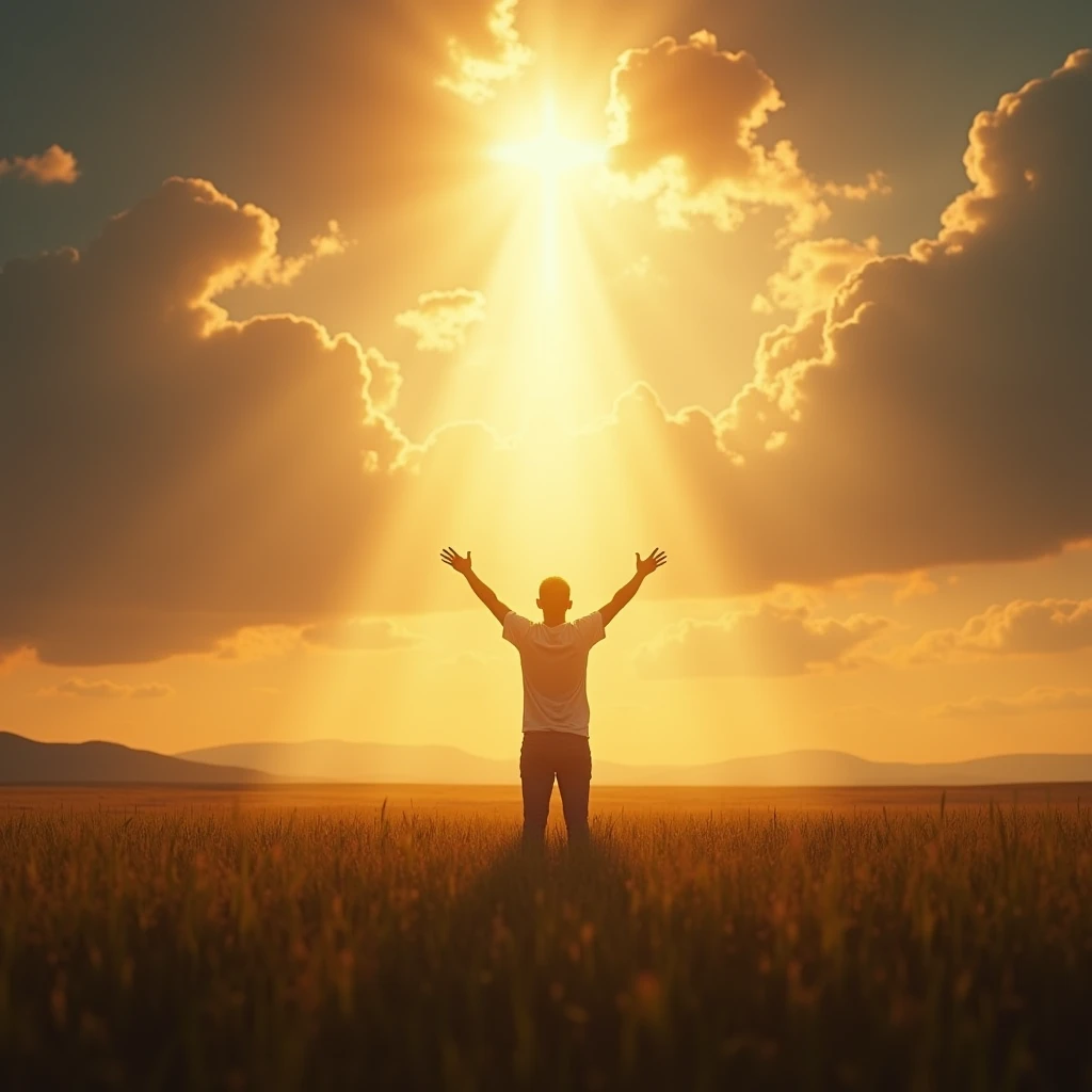 Visualize a person standing in a vast, open field at sunset, with arms raised toward the sky in surrender. The clouds part, and a beam of light shines directly on them, symbolizing God turning to them and hearing their cry.