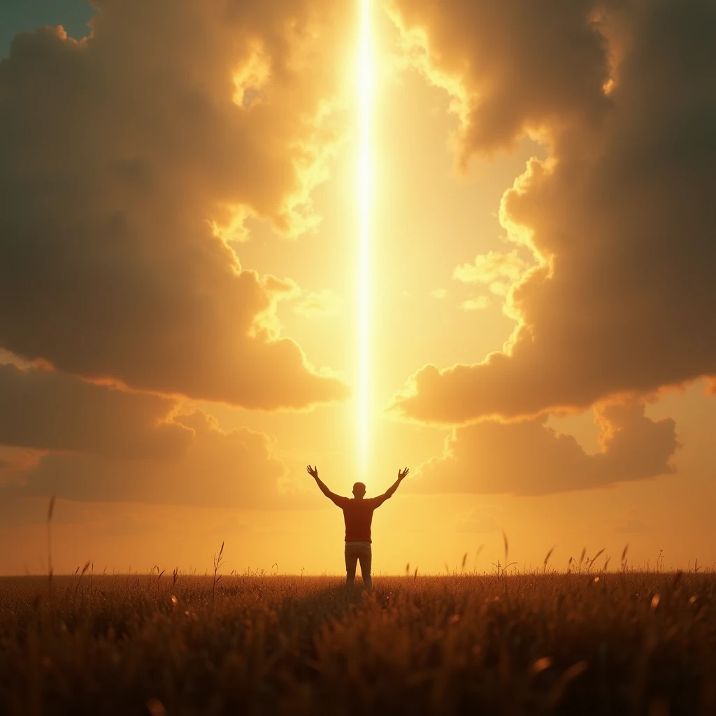 Visualize a person standing in a vast, open field at sunset, with arms raised toward the sky in surrender. The clouds part, and a beam of light shines directly on them, symbolizing God turning to them and hearing their cry.