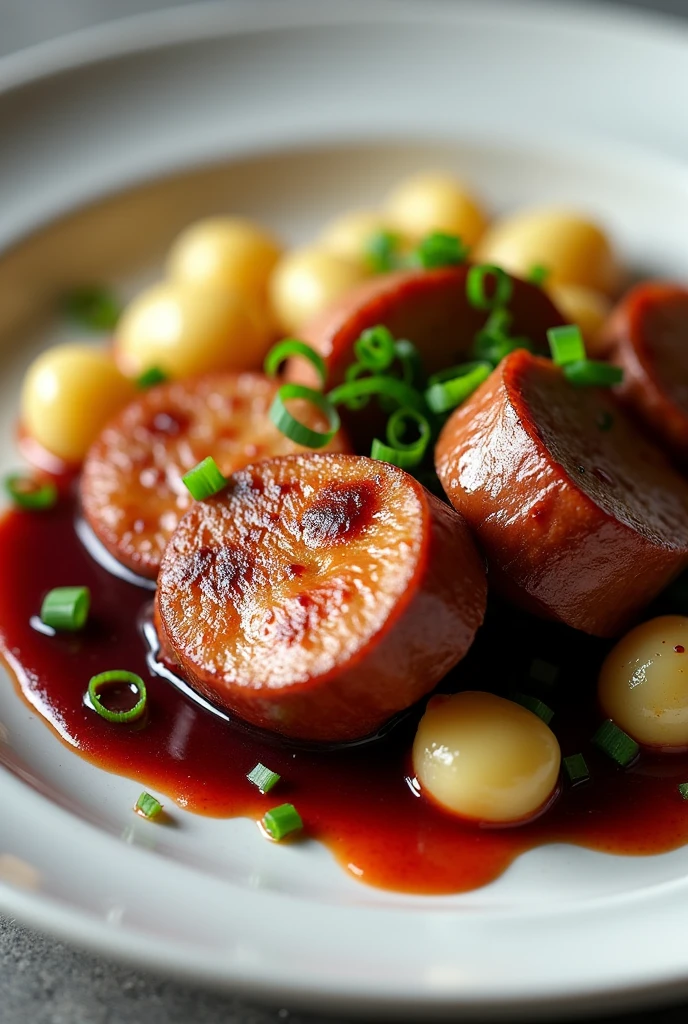 Please, Create as realistic an image as possible of an elegant dish showing golden and juicy medallions of fine pork loin, that they are round in shape, bathed in a dark red or bright brown wine sauce. The plate should be white or a neutral color to highlight the colors of the food.. Accompany the loin with potato gnocchi. Decorate with chopped green onion, Add a few extra drops of sauce around the plate for a sophisticated touch and make sure any visible bits of onion or sauce are clearly visible for an authentic presentation.. and that the gnocchi are appreciated