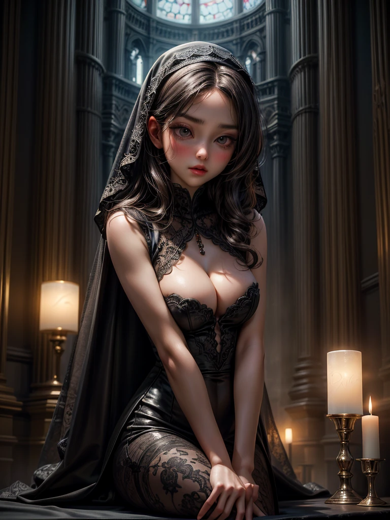 A sexy nun with seductive eyes and pouty lips, wearing a revealing black lace gown and high heels, gracefully poses in a dimly lit cathedral. Her long, wavy hair, framing her alluring face. The detailed folds of her gown create a sense of mystery and intrigue, while the soft candlelight casts a warm glow on her flawless skin. The artwork is a masterpiece of photorealistic beauty, captured with high-resolution precision and ultra-detailed rendering. The vibrant colors add depth and richness to the scene, with a touch of bokeh in the background, creating an ethereal atmosphere. The overall composition exudes sensuality and sophistication, making it a captivating portrait in the genre of erotic art. (subtle nudity:1.2)
