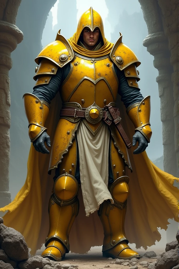 (He is a Dungeons and Dragons character. He is a human who is covered in heavy armor., yellowish white with helmet and all 