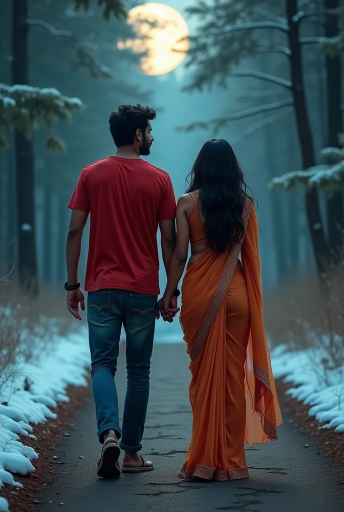 Beautiful Indian male red t shirt and beautiful Indian women present, straight photoshoot currency, full body picture, moonlight night, night time, winter, forest path walking, wide face, cute, big eyes, reputable, photorialistic, street, wide background, big tits, sexy thin Sari, long waving hair, crack, symmetric face, excellent work, 8, ultra realistic