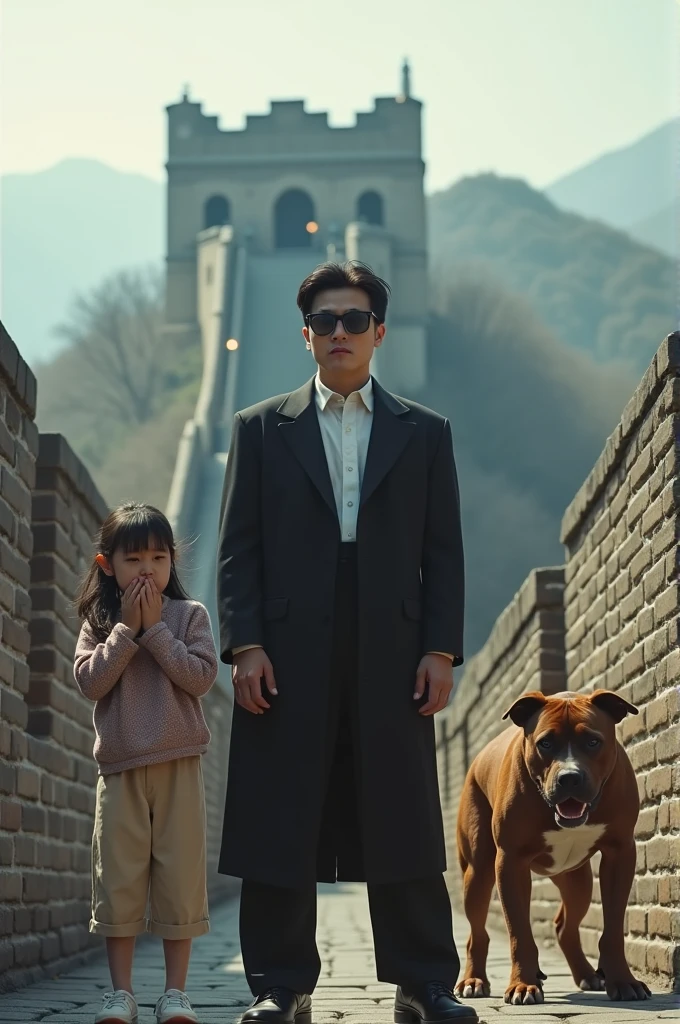 Korean singer next to a really scared girl next to a mad pitbull dog and in the background the great wall