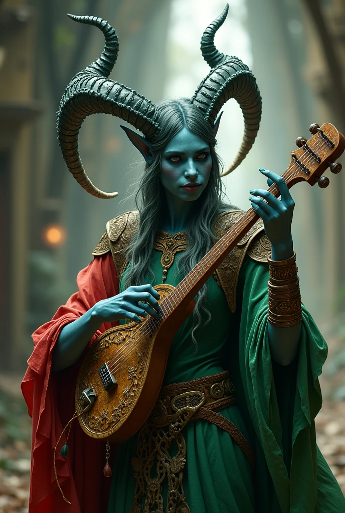 tiefling bardo, playing a lyre, green clothes with red, ash blue skin