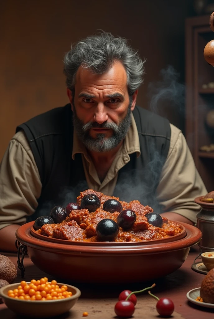Man looking into giant tagine with meat and black plums realistic