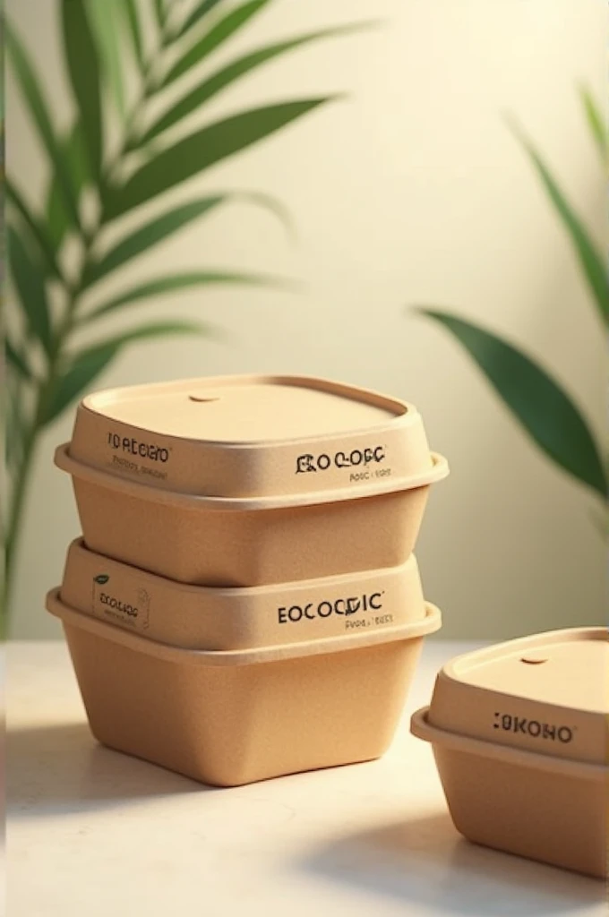 I would like you to generate an image of biodegradable food containers with the name (Eco Logic Packs) that the name appears on the product