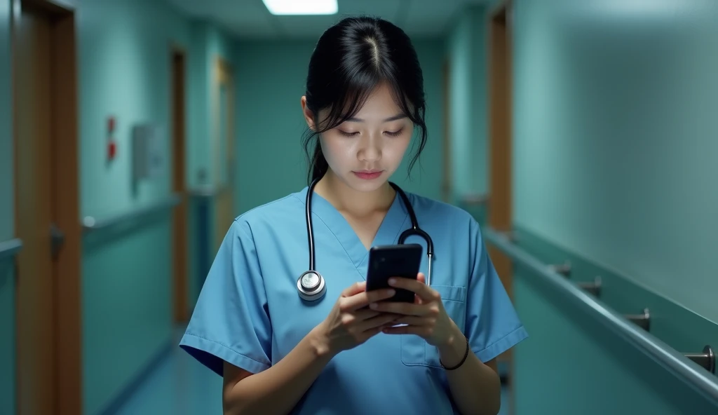 Create an image of an Asian female nurse playing on her phone.,Sexual harassment,rape