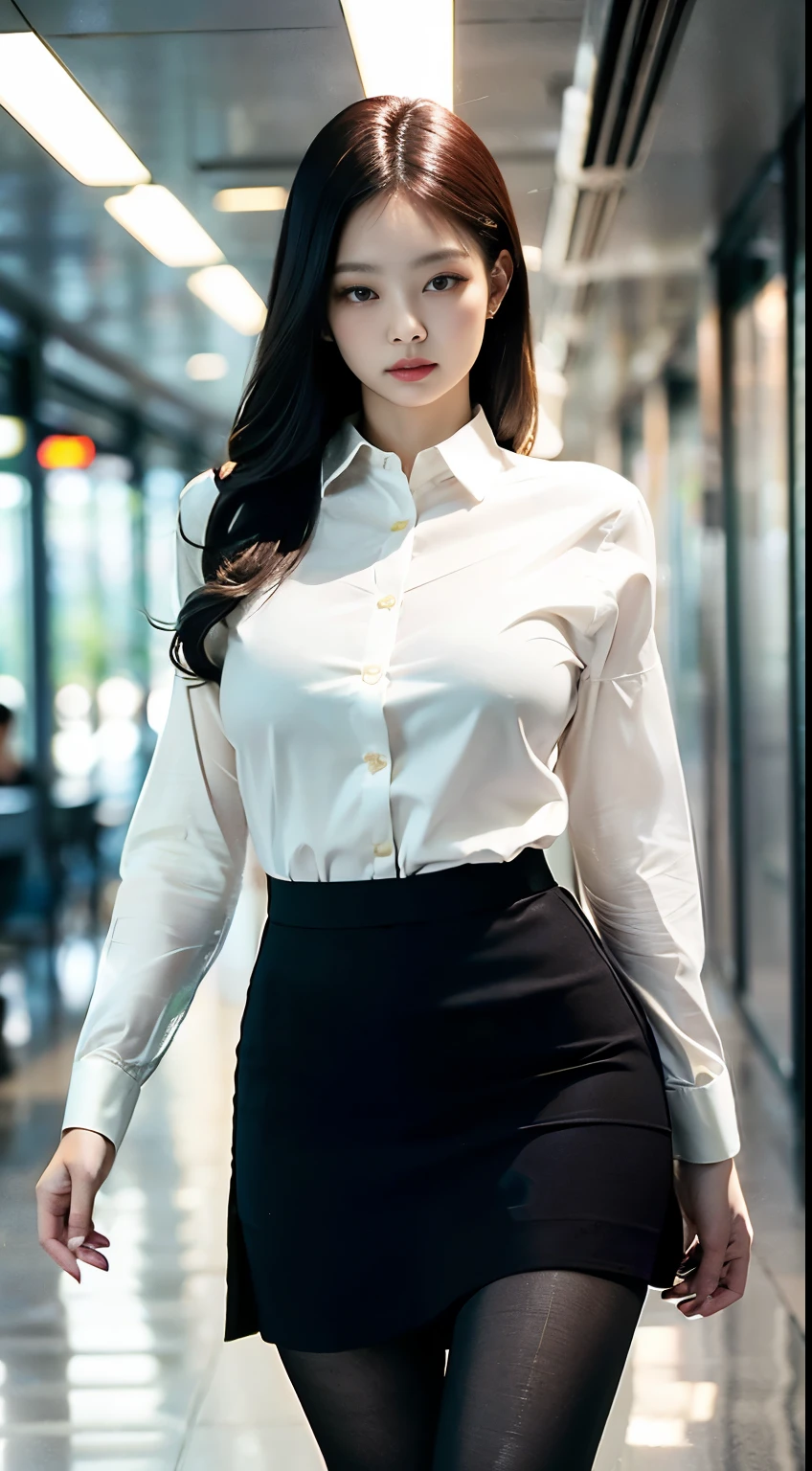 Elegant upper-class elite secretary，Wear a luxurious silk top, Skirts and thighs、27yo、big breasts body　162cm、Take a walk along the hallway、office clothes, (Wear pantyhose,Realistic pantyhose)、working in an office、wearing a strict business suit, Wear high-end heels、 Shirt girl, Wear an elegant shirt, Wear an ultra-thin top, merchant, Shirts and skirts, Wearing a silk shirt, Wear a shirt and skirt, 　　　　　　RAW photo, (8K、top-quality、tmasterpiece:1.2)、(intricately details:1.4)、(Photorealsitic:1.4)、octane renderings、Complex 3D Rendering Ultra Detail, Studio soft light, rim lights, vibrant detail, super detailing, realistic skin textures, Detal Face, Beautiful detail eyes, Very detailed CG Unity 16k wallpaper, Make up - up, (detailedbackground:1.2), Bare with thighs!!!,
