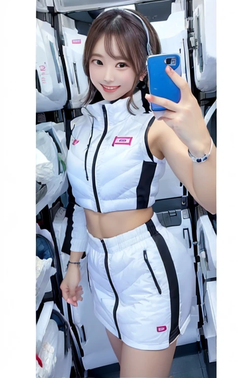 (Masterpiece, high quality), plural, , female students, slim, Flat Chest, Gym locker room, (White panties), White sports bra, navel,headphone,look at viewer,smile,enjoy,(Group selfie), Wide-angle, Soft Light BREAK astrovest,inside space station,futuristic room,