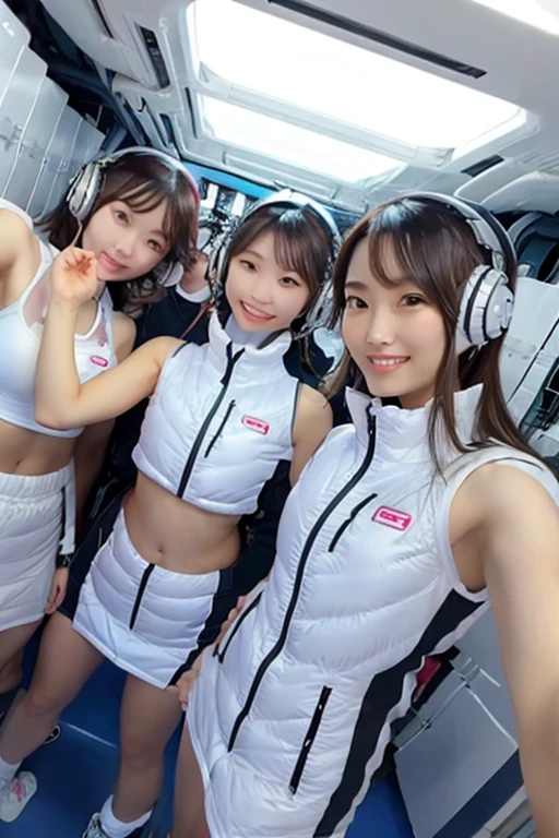 (Masterpiece, high quality), plural, , female students, slim, Flat Chest, Gym locker room, (White panties), White sports bra, navel,headphone,look at viewer,smile,enjoy,(Group selfie), Wide-angle, Soft Light BREAK astrovest,inside space station,futuristic room,
