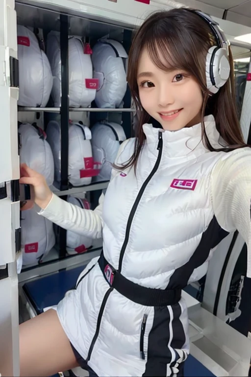 (Masterpiece, high quality), plural, , female students, slim, Flat Chest, Gym locker room, (White panties), White sports bra, navel,headphone,look at viewer,smile,enjoy,(Group selfie), Wide-angle, Soft Light BREAK astrovest,inside space station,futuristic room,