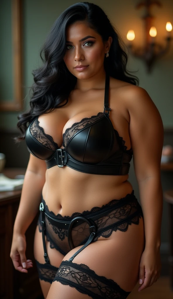 sharp, realistic image, 4k, intricate details, woman, brunette, perfect face, ((curvy body)), ((voluptuous)), (long black hair), (straight hair), (((goth))), ( ((wearing sexy black lingerie))), garter belt, she has ((voluminous body)), ((toned body)), gym-worked body, she has ((black lipstick)), (sensual mouth), ( (light skin)), strong legs, ++shapely legs, (((very wide hips))), (((+giant ass))), (((++giant breasts ))), (((breasts voluminous))), magnificent breasts, she is standing looking at the camera, She is very sensual, (She is standing), on a ((apartment balcony)), ((top floor)), ((view from the sea)), (((during the night))), (((night environment) )), (dark). (((NSFW))), full body image, ((she wears pantyhose and high heels)). Cool lighting, dark environment, Canon EOS 6D Mark II 35mm f/1.4