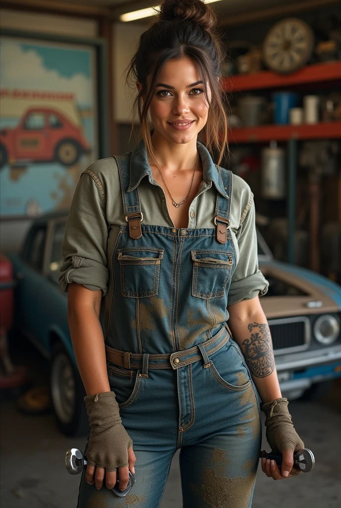 ((best quality)), ((masterpiece)), (detailed), Charming female mechanic covered in grease,Confident smile,looking at camera,(Dirty and rough charm:1.2), (A tenacious and confident demeanor:1.1), (Mechanical expertise:1.3), disheveled hair, With a naughty smile on his face,dirty, The stained overalls hugged her curves, (Tough Tools of the Trade:1.2), Messy repair shop, Scattered car parts, (Real car atmosphere:1.2), (intense gaze:1.1), 她dirty手裡緊握著扳手, 8K resolution,looking at another, look away,( Tattoo:1.2), masterpiece, best quality,Realistic, Ultra-high resolution, Photographic lights
