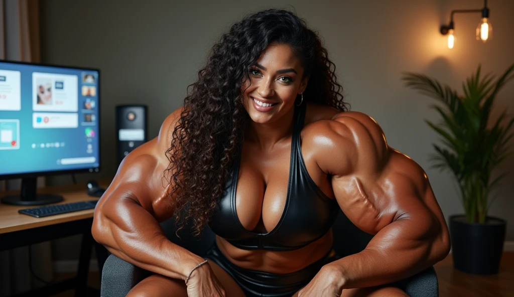 A gigantic, incredibly muscular bodybuilder woman, enormous biceps, colossal chest muscles, massive legs, veins pronounced across her skin, chiseled abs, huge triceps, gigantic breasts, her muscles are extremely defined and imposing, 2, from Brazil, with a strong jawline, intense green eyes, and a confident smile, her long, curly dark hair styled in loose waves, seated in front of a high-end webcam setup in a stylish home studio, wearing a tiny, tight, black leather crop top and matching micro shorts, showing off her colossal biceps, flexing both arms towards the camera, the background features a chic home office with modern furniture and a large LED screen displaying live chat, her skin slightly glistening with sweat. She leans closer to the camera with a playful grin, saying, "You think you’ve seen strength before? Just wait until you see what I've got in store. Keep watching, and I’ll make sure you remember this moment!"