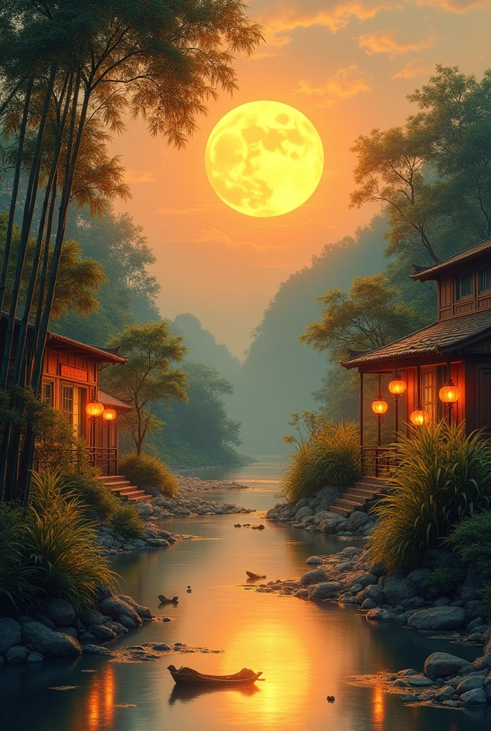 Painting Mid-Autumn Festival in Vietnam. no humans. A little poetic and lyrical