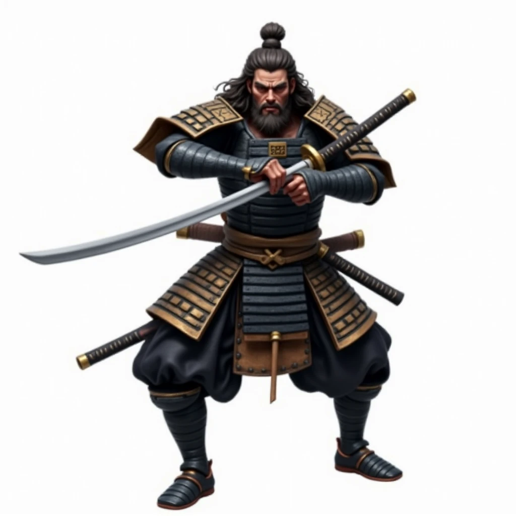 "A legendary samurai warrior fully contained within the image, shown from head to toe, in an aggressive attack stance, holding a katana with both hands, ready to strike. The samurai is dressed in intricate, traditional samurai armor that reflects strength, honor, and the warrior code. The image should have no background (transparent) and be in PNG format, showcasing the samurai fully visible, with both feet, knees, and hands completely within the frame and no part of the figure cut off."