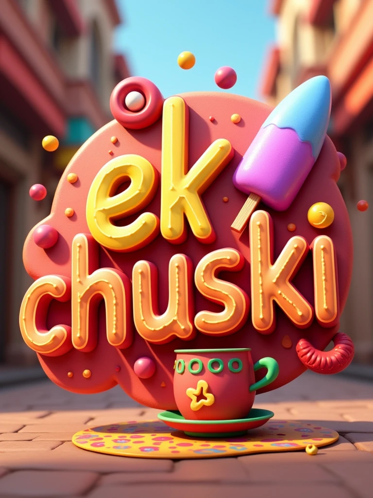 create a colorful 3D logo with the text "Ek Chuski" with infotainment elements like tea cup, ice candy, bollywood