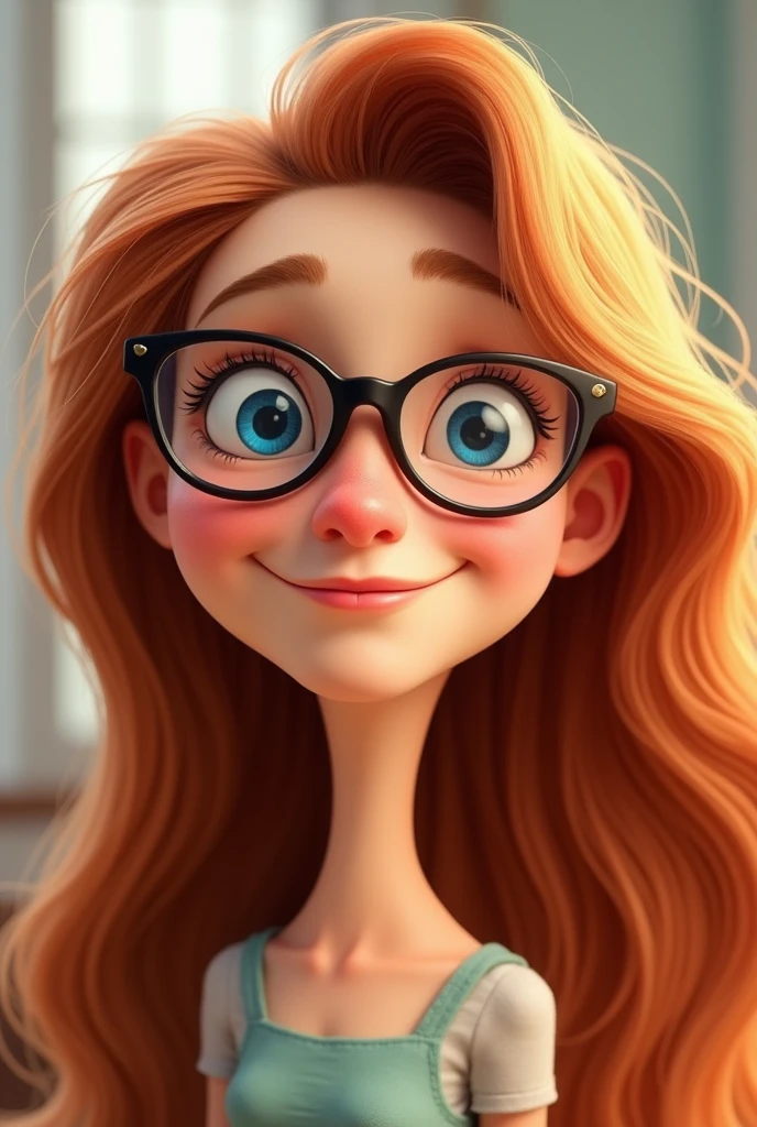 Darker Reddish brown blonde long hair, woman, glasses, animated, chubby, smile, button nose, blue eyes, short neck