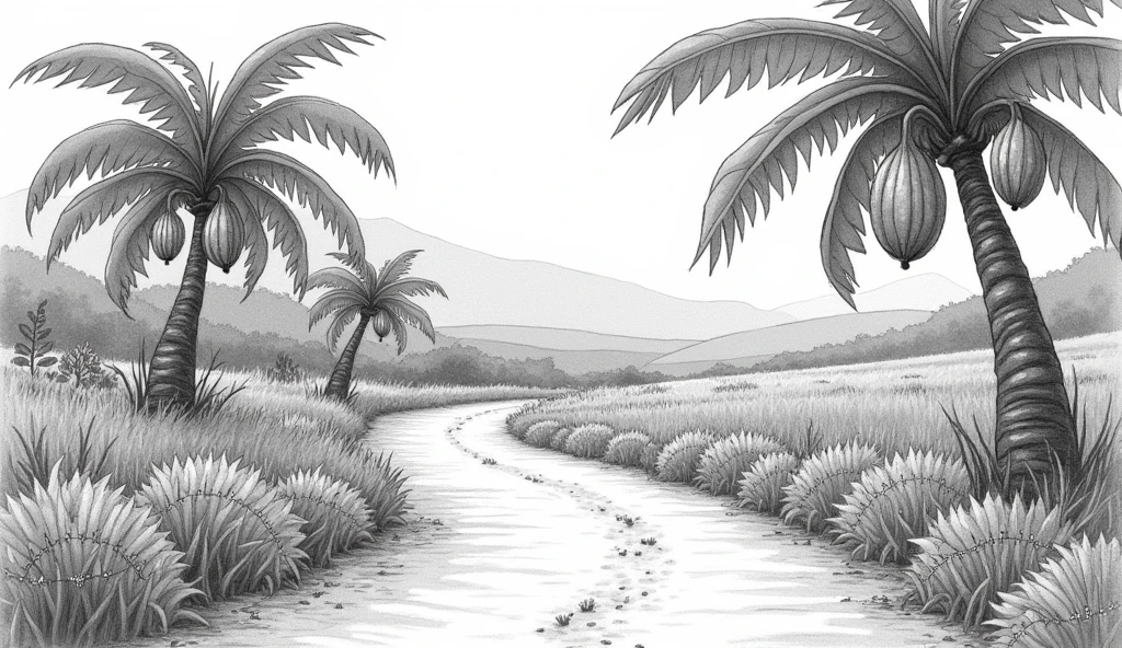 A dirt path drawn with a pencil. Quarrels and banana trees at the borders