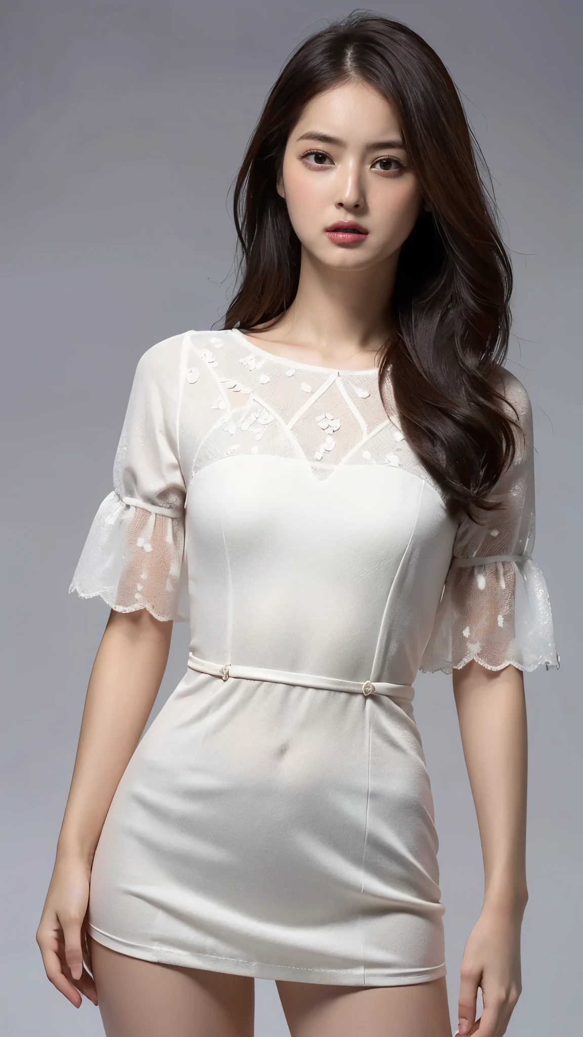 Highest quality,masterpiece,Ultra-high resolution,(Actual:1.4),Original photo,Ultra-high resolution,8K,There are also women,Fair skin、Transparent short-sleeved one-piece white dress
Long legs:1.5,Bright and beautiful,high waist,Flashy makeup,Gray background,