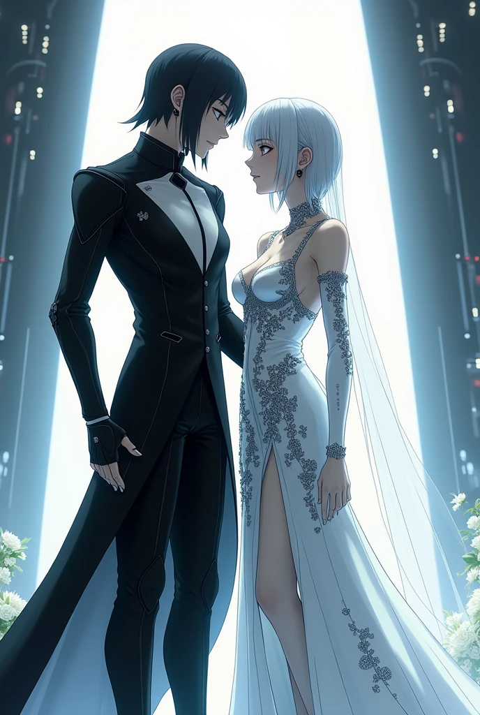 Sanakan and Cibo from Blame! Manga in a wedding dress), (sci-fi theme) suit black hair, dress striking silver hair, Futuristic atmosphere Emphasizes radiance pure atmosphere Intricate details of the outfit A soft but bright light shines from above. Intimate and romantic atmosphere Highly detailed, exceptionally detailed, cinematic quality, emotionally charged scenes.