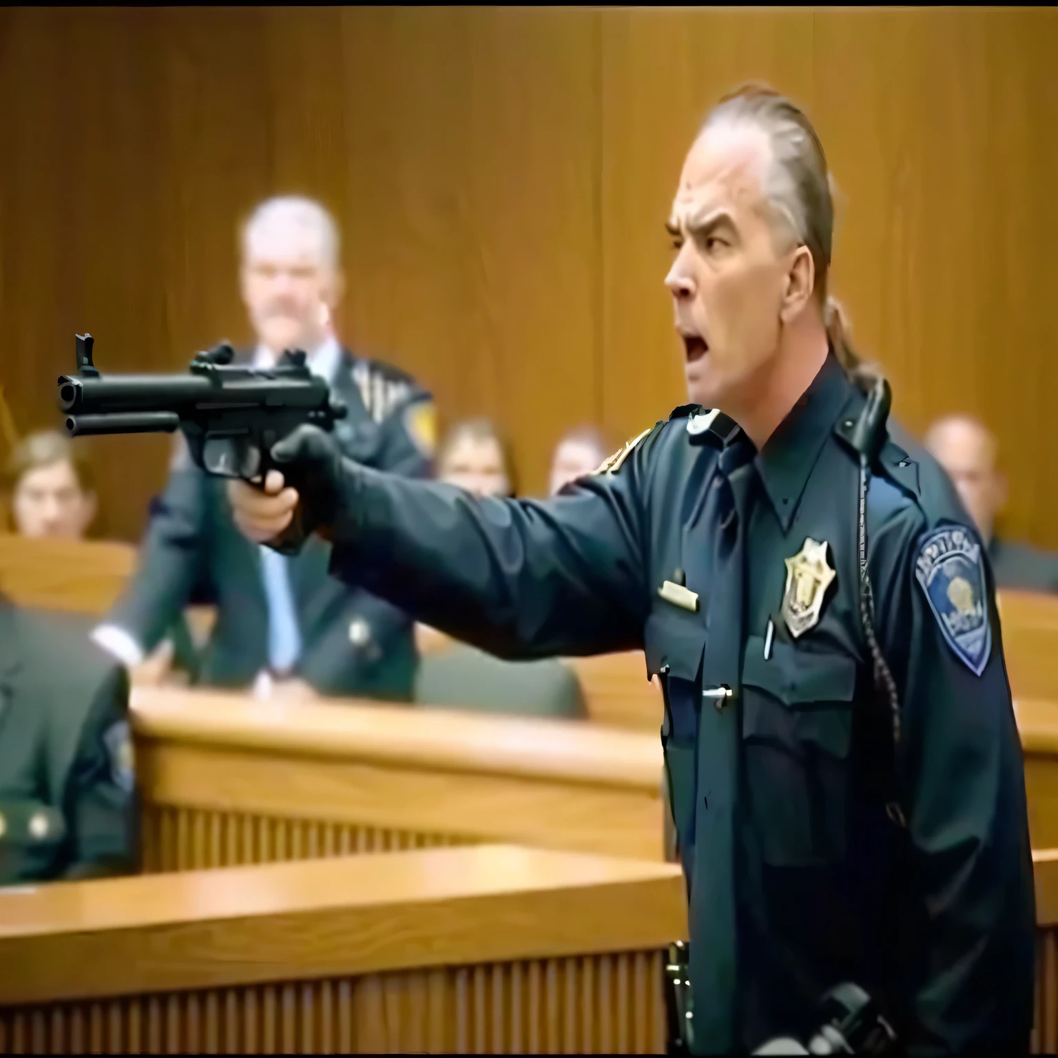 Victim Family pointing a gun at a courtroom killer, , he has a pistol!!, menacing!!!, menacing, shootout, pointing a pistol at us, violent, police state, courtroom scene, powerful scene, youtube thumbnail, in court, in a courtroom, violence, menacing!, gunfire, defense attorney, unarmed convict hit
