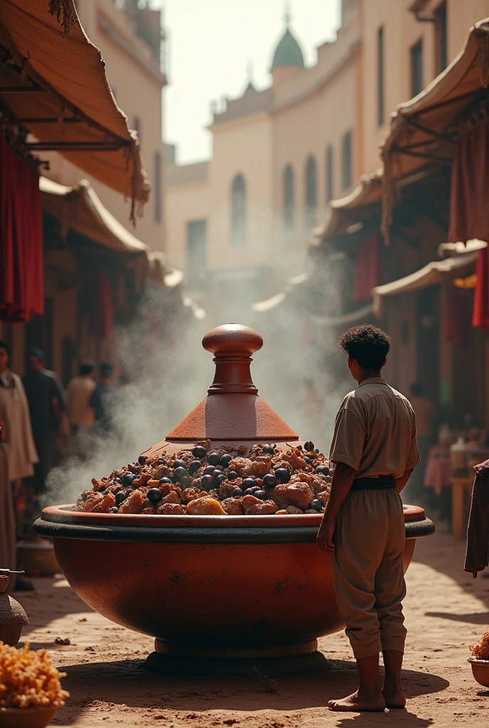 Man looking from a distance at a giant tagine with meat and black plums. Realistic and authentic.