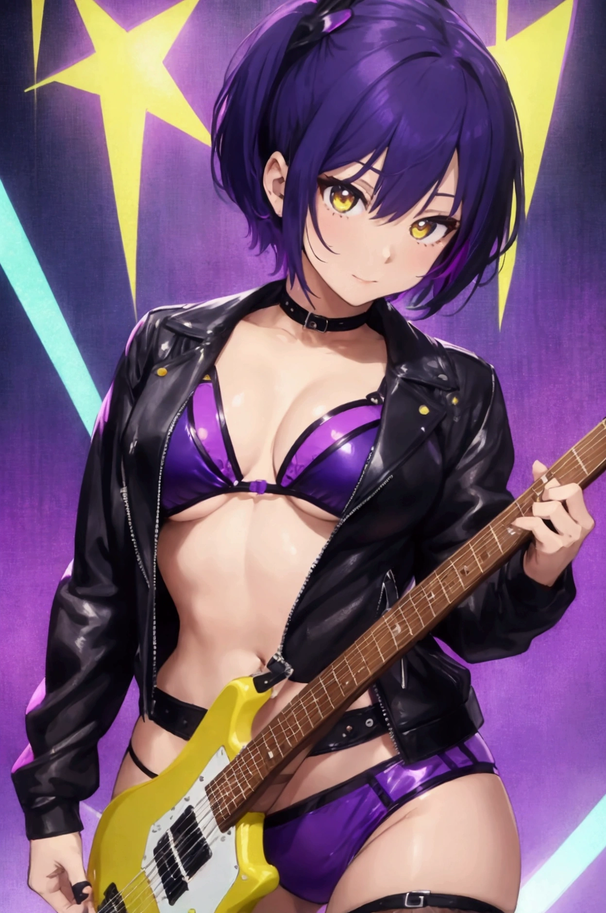 a woman playing electric purple guitar while wearing purple bikini, large breast, guitar, wearing a black leather jacket, yellow eyes, looking at viewer, short hair, multicolored green and blue hair, agressive looking, masterpiece, high quality, ripped clothes, anime style, dynamic point of view