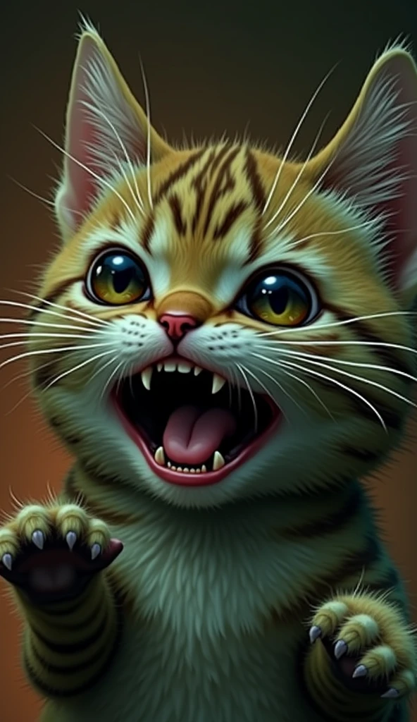 Create realistic images A red-furred cat with large, expressive eyes and tearful cheeks, seemingly meowing or crying. The cat has distinct black stripes and is depicted with its mouth wide open, showcasing tiny teeth, while its paws are outstretched. The background is a soft gradient that complements the red tones of the cat.