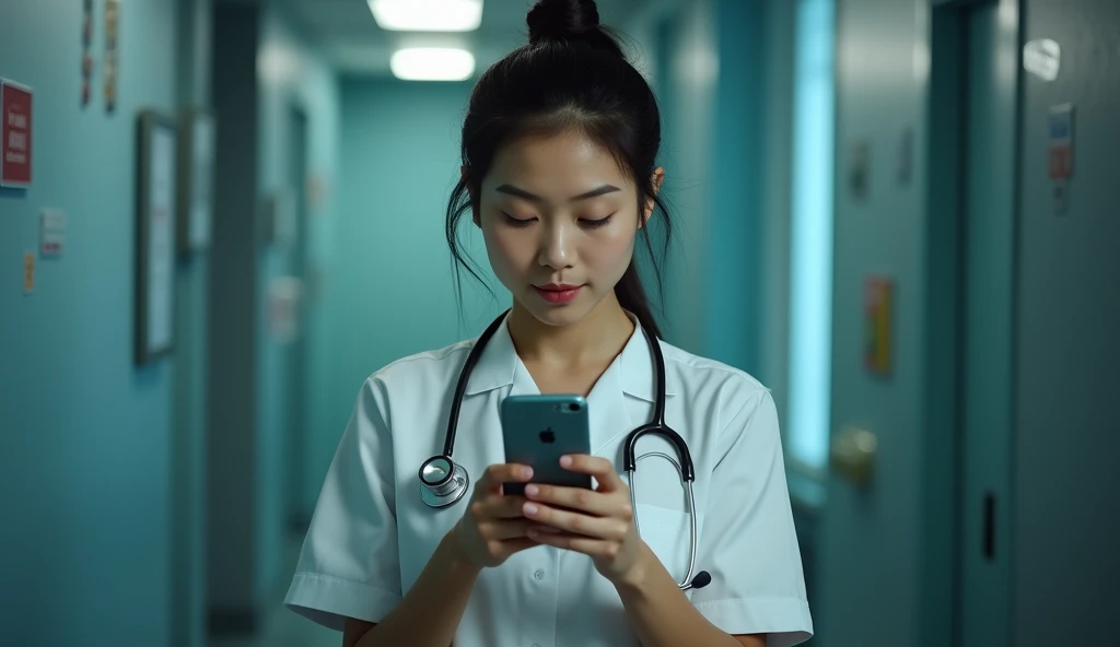 Create an image of an Asian female nurse playing on her phone.,Sexual harassment,rape,card