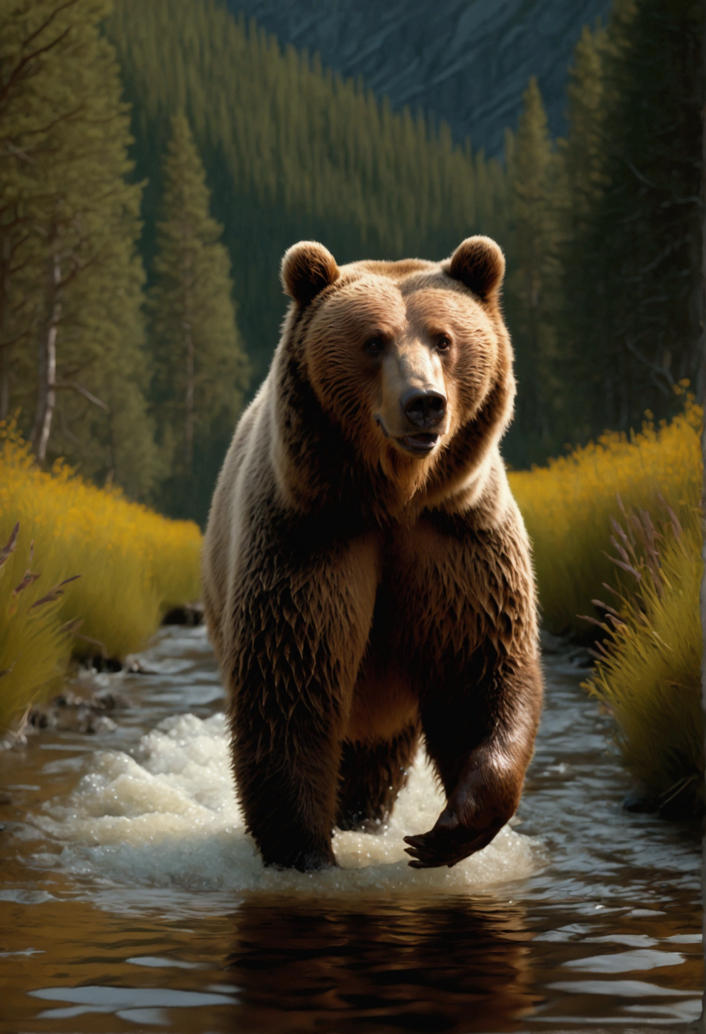 (brown bear), a movie role embarks on adventure across landscapes painted in shades, uncovering mysteries hidden beneath the surface. Beautiful cinematic lighting, surreal, color graded, dynamic movement, captivating chiaroscuro. Beautiful cinematic lighting, surreal, color graded, dynamic movement, captivating chiaroscuro, (special effects:0.1), full body, award-winning, cinematic still, emotional, vignette, dynamic, vivid, (masterpiece, best quality, photorealistic, Professional, perfect composition, very aesthetic, absurdres, ultra-detailed, intricate details:1.3)