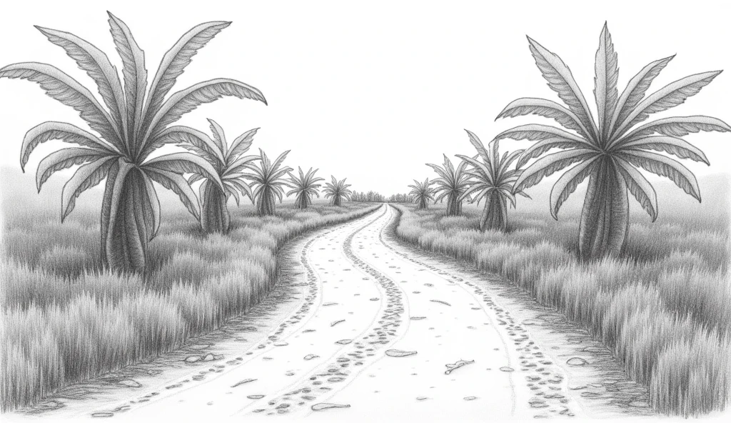A dirt path drawn with a pencil. Quarrels and banana trees at the borders.in side view 