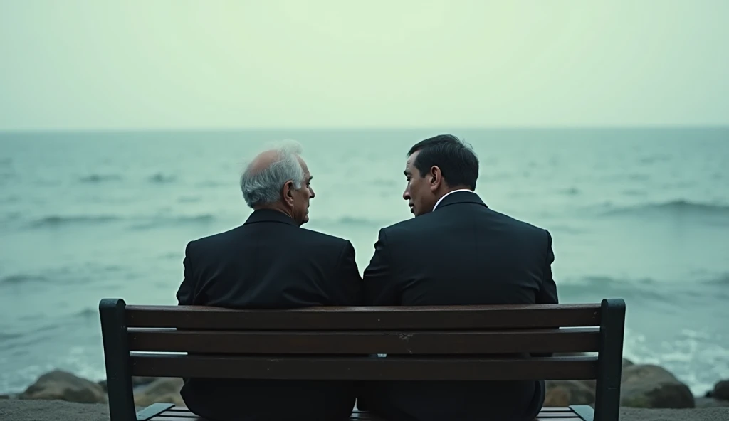 In the style of real movies,An old man and a young man sitting together,With your back to the camera,Facing the sea,Two people chatting together