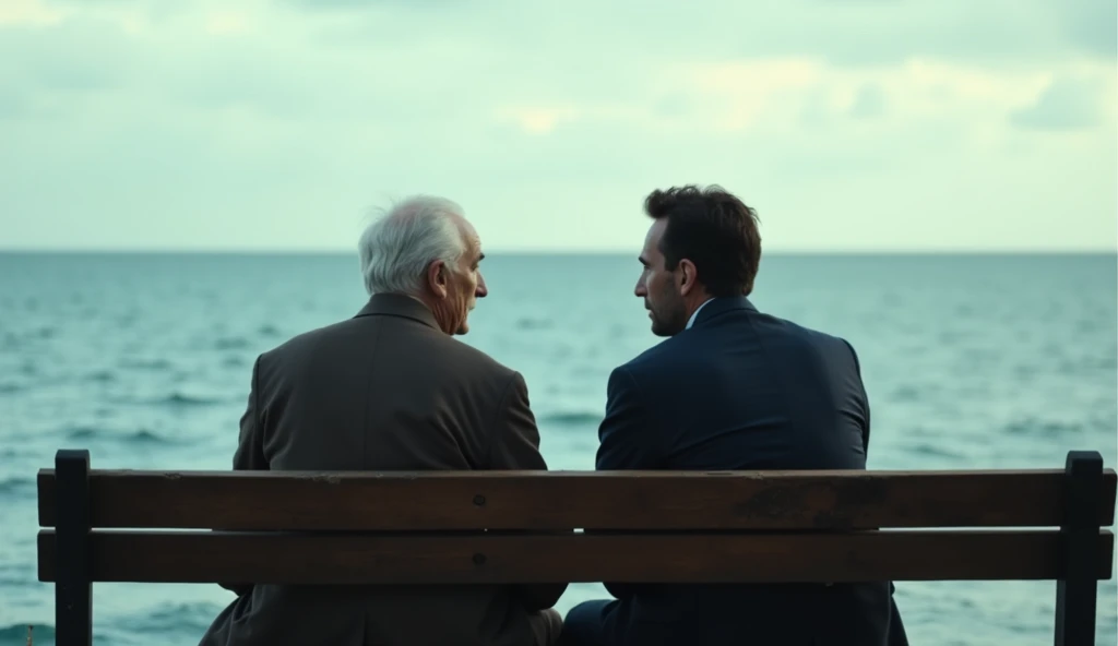 In the style of real movies,An old man and a young man sitting together,With your back to the camera,Facing the sea,Two people chatting together