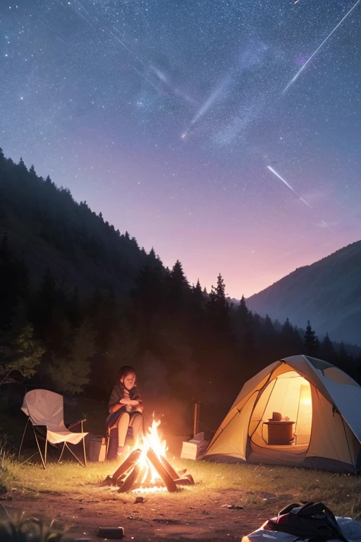 8k,Extremely detailed, masterpiece,High resolution,Highest quality,Increase the resolution,Cinema Lighting,Different space,Ultra Wide Angle,A girl is camping alone、Solo Camping,Pop-up tent,Simple fire pit,Small bonfire,Canned food,vision,Milky Way