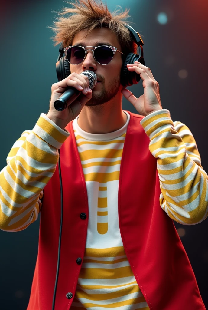 ome hair sticking out from the front opening. He has sunglasses on, is wearing headphones, and is holding a microphone close to his mouth with one hand, while the other hand is placed on the headphone over his ear. He is dressed in a long-sleeved, white and yellow striped shirt with a red vest over it. The vest has a large white letter 'U' in the middle. The image captures the young man in a dynamic, energetic pose, giving off a vibe of excitement and enthusiasm