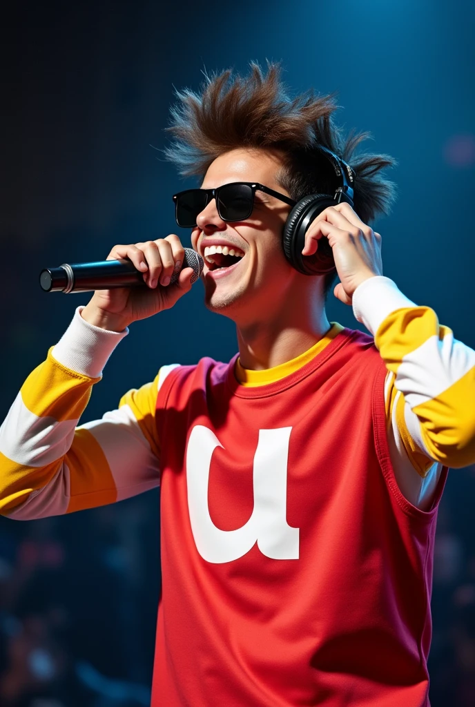 ome hair sticking out from the front opening. He has sunglasses on, is wearing headphones, and is holding a microphone close to his mouth with one hand, while the other hand is placed on the headphone over his ear. He is dressed in a long-sleeved, white and yellow striped shirt with a red vest over it. The vest has a large white letter 'U' in the middle. The image captures the young man in a dynamic, energetic pose, giving off a vibe of excitement and enthusiasm