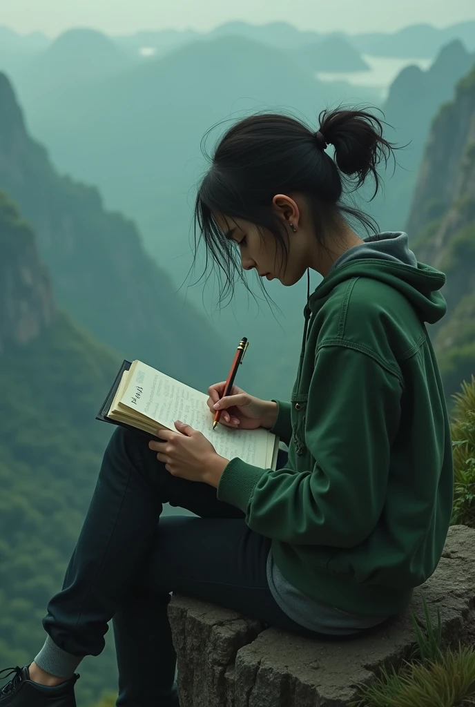 Have an angsty ager write her feelings in a green notebook while sitting on the edge of a cliff