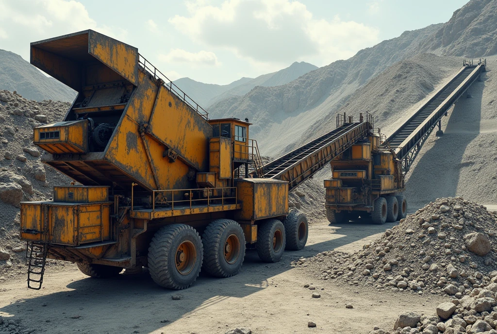 Equipment such as crushers and vibrating screens used to fragment and classify rocks