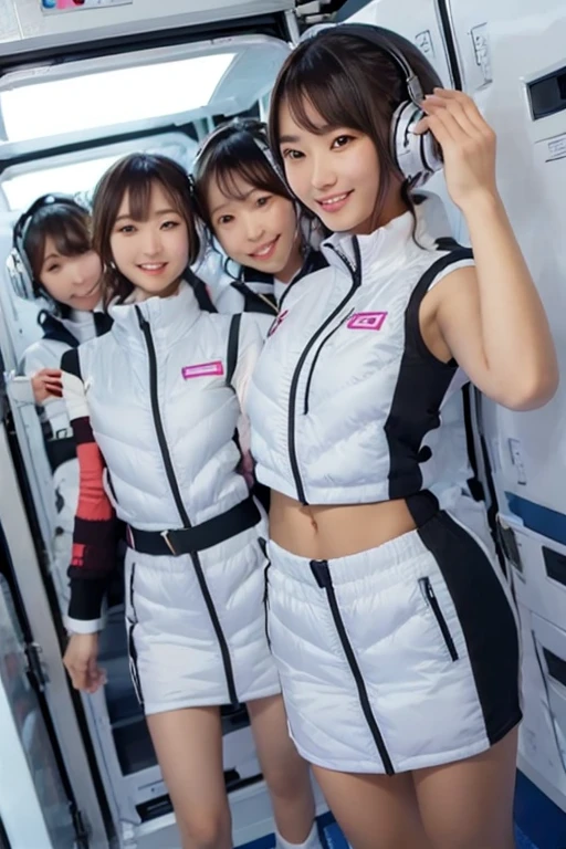 (Masterpiece, high quality), plural, , female students, slim, Flat Chest, Gym locker room, (White panties), White sports bra, navel,headphone,look at viewer,smile,enjoy,(Group selfie), Wide-angle, Soft Light BREAK astrovest,inside space station,futuristic room,