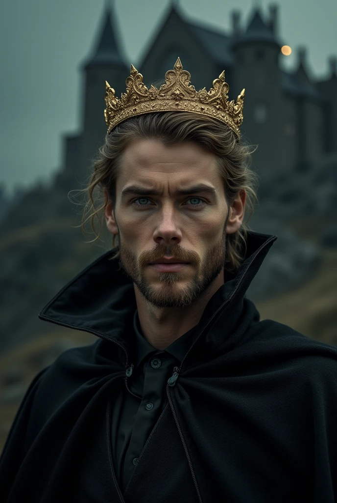 A distant image, at night, an extremely handsome man, with the face of a Greek god, golden hair, green eyes, black dress, with a black cape, a gold crown, at night, In the background a black castle that gives an aura of great power
