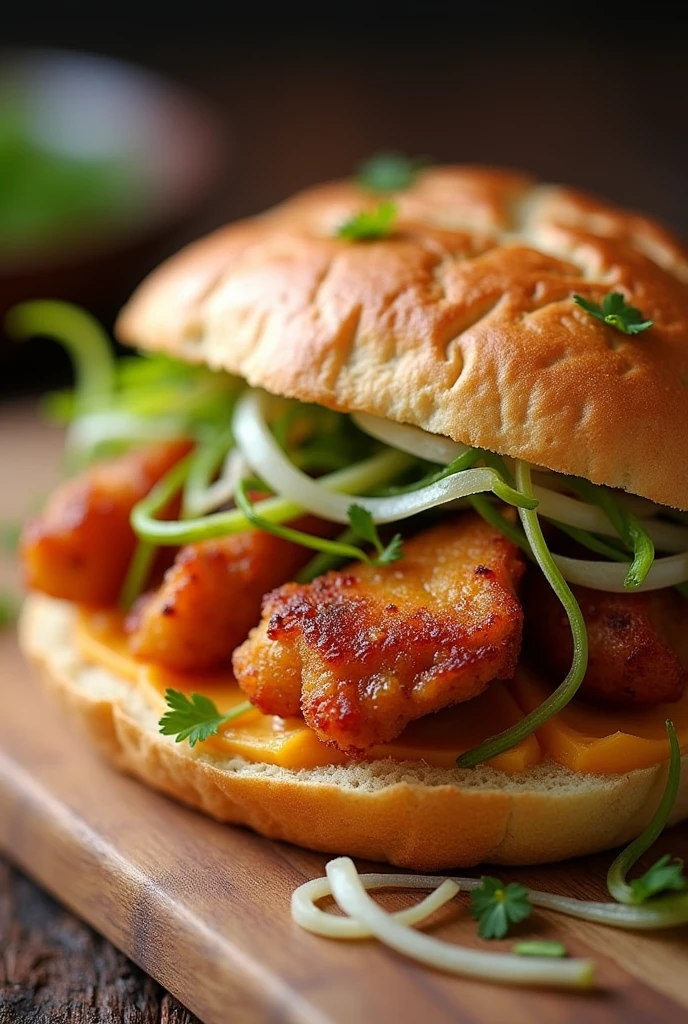 Fried pork in medium-sized pieces like chicharon with sweet potato and fresh julienned onion inside a Peruvian sandwich-style French bread