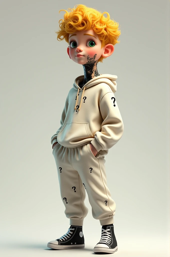 Hair: He has blonde and curly hair. Eyes: His eyes appear to be light, possibly green or blue. Skin: Your skin is fair. Age: He appears to be a young ager, between 16-1. Clothes: He is wearing a light sweatshirt, with several question marks around the sweatshirt. And a pair of white sweatpants along with a black and white All star. He has black goo on his neck.