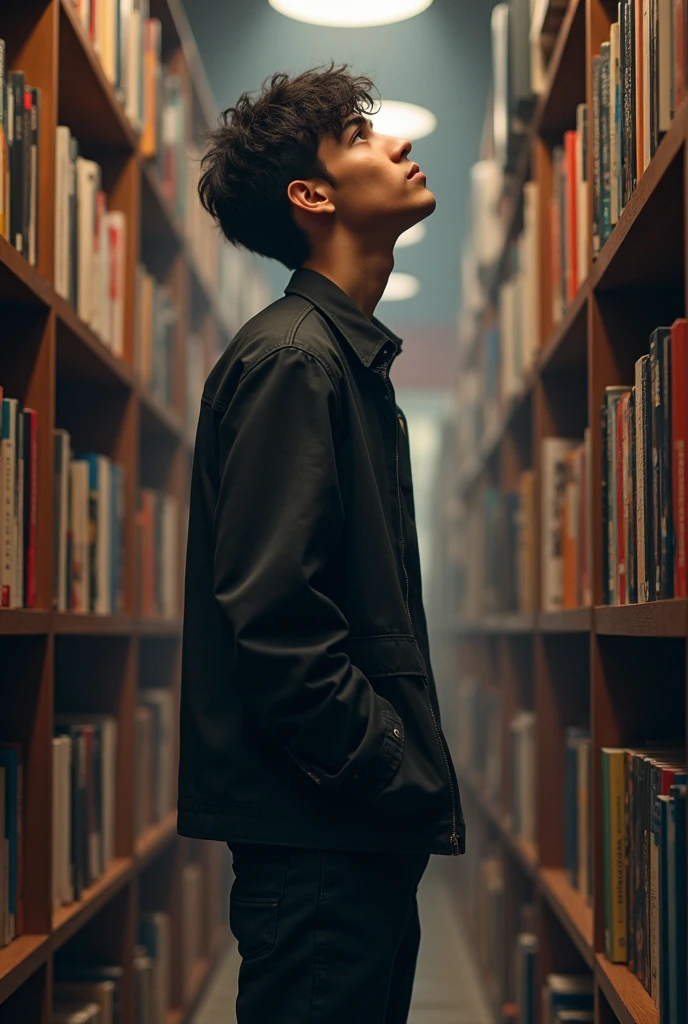 Draw a man aged 20 standing at book shop with his hands in his black cargo pants. Show his left side angle. His head straight up at 120 degrees