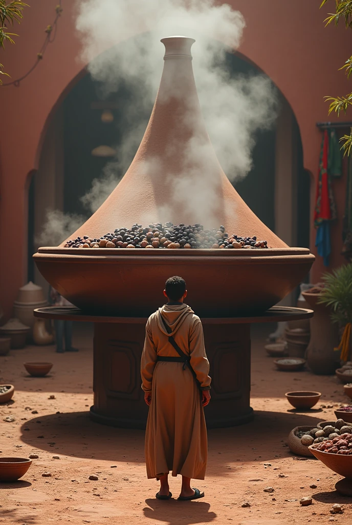 Man looking from a distance at a giant tagine with meat and black plums. Realistic and authentic.