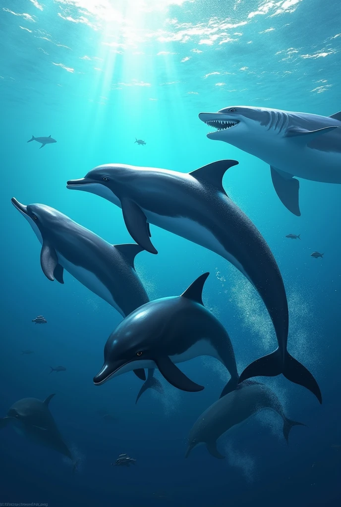 Dolphins in the ocean escape from a shark