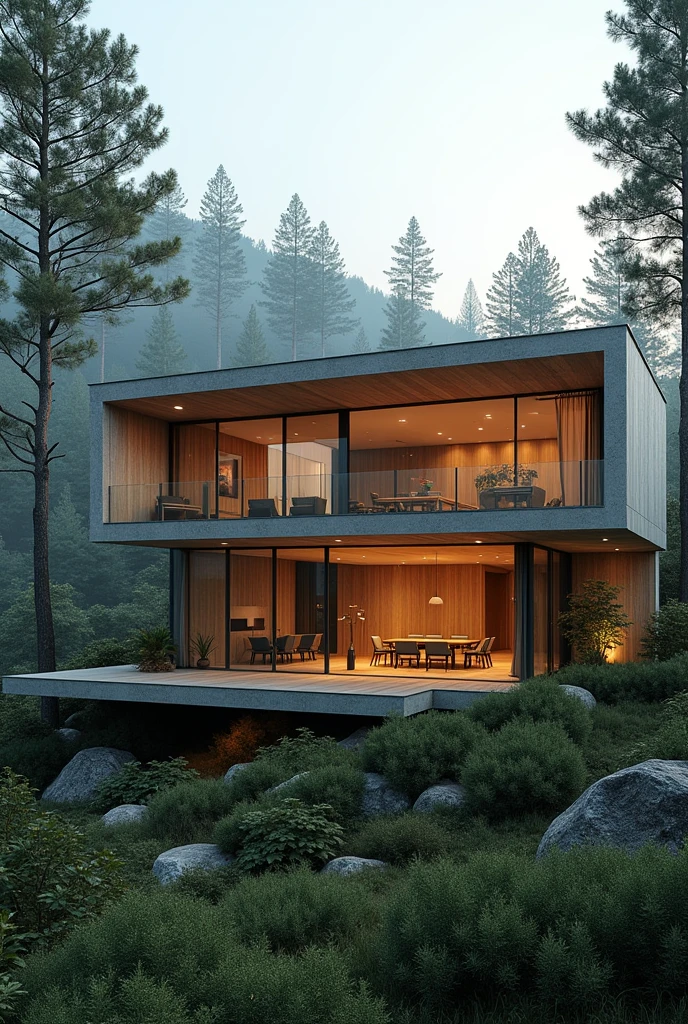 Minimalist European-style house with a modernist atmosphere, Located in a lush forest with views of pine trees from the top floor. 

Materials: Detailed digital illustration, Fotografía de alta lightning.

Additional Details: Floor to ceiling windows, Elegant and clean architectural lines, Minimalist interior design, Open floor plan, Sharp edges, Perfect integration of indoor and outdoor spaces, Wood accents, Natural light floods, a feeling of tranquility and serenity, Harmonious blend of nature and modern aesthetics.

image quality: (The best quality, 4k, 8k, Altas Resoilluminations, masterpiece:1.2), ultra detailed, realist:1.37.

artistic style: Contemporary architecture, Modernism, minimalism, Inspired by nature.

Color palette: neutral tones, earthy colors, warm tones, subtle touches of color.

lightning: Soft natural light, balanced, Well distributed lighting, Soft shadows highlight architectural details.