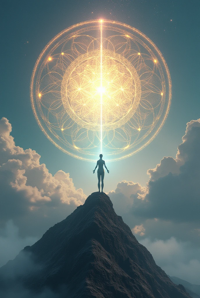 self-transcendence, sacred geometry, flower of life, ascension, mountain peak, merkaba