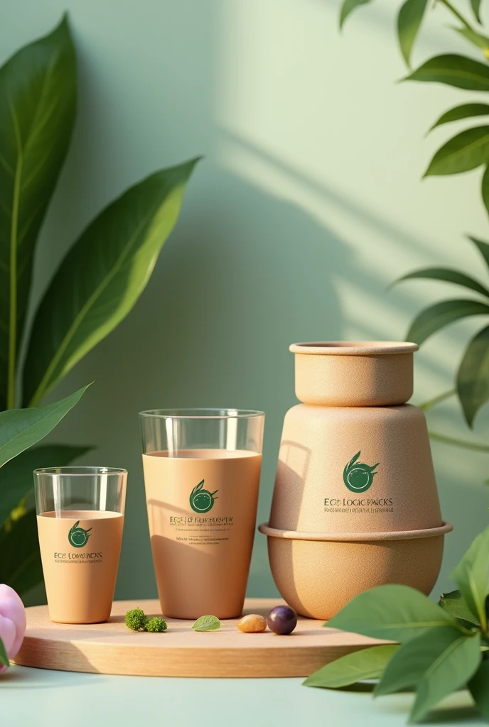 I would like you to generate an image of biodegradable food containers with the name (Eco Logic Packs) that the name appears on the product of glasses and containers